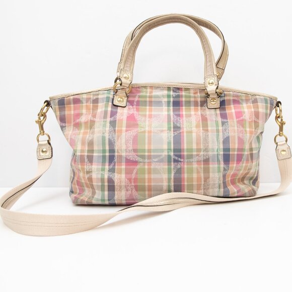Coach Poppy Daisy Signature Madras Plaid Print Pink Rocker 2-Way Tote Bag Gold - Picture 2 of 13